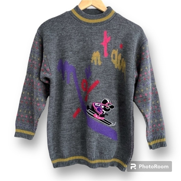 Vintage Mountain Downhill Ski Graphic Sweater Grey Pink Purple - Picture 4 of 15